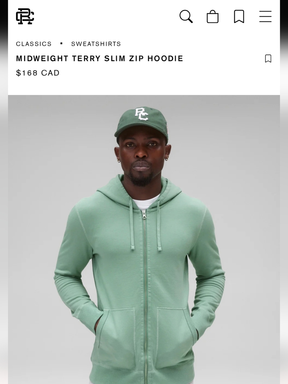 Reigning Champ Sable Green Zipper Hoodie Size XS Mens Or S Women's Like New